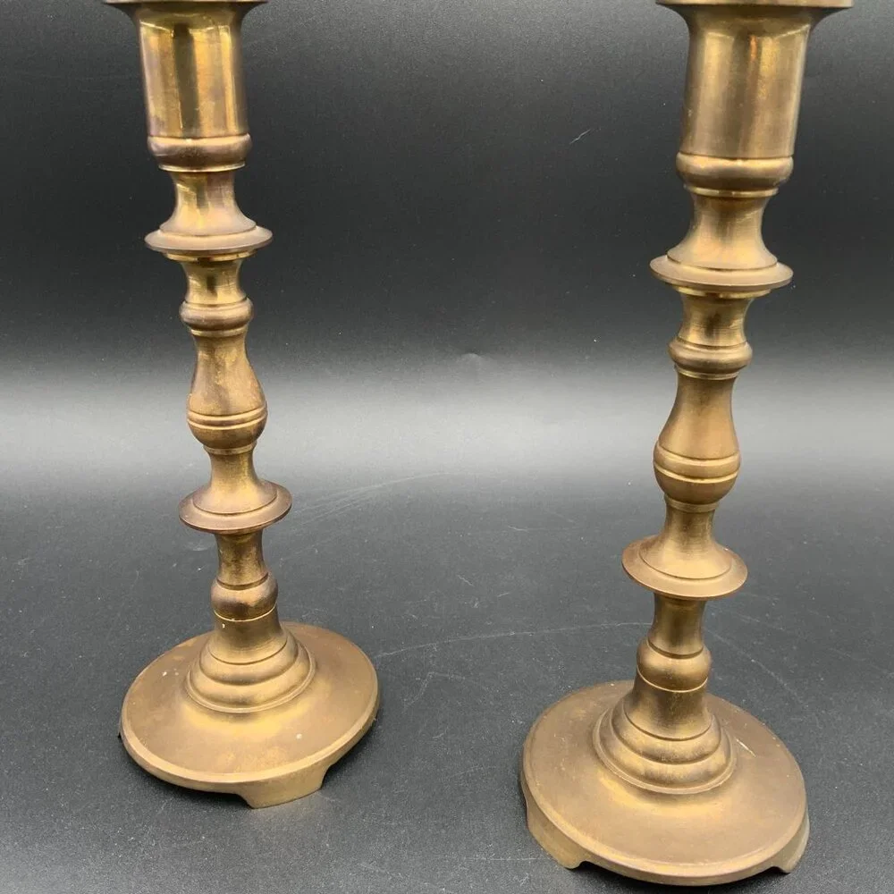 Vintage Pair Of 8.25” Brass Candlestick Holders Mid Century Made In Hong Kong